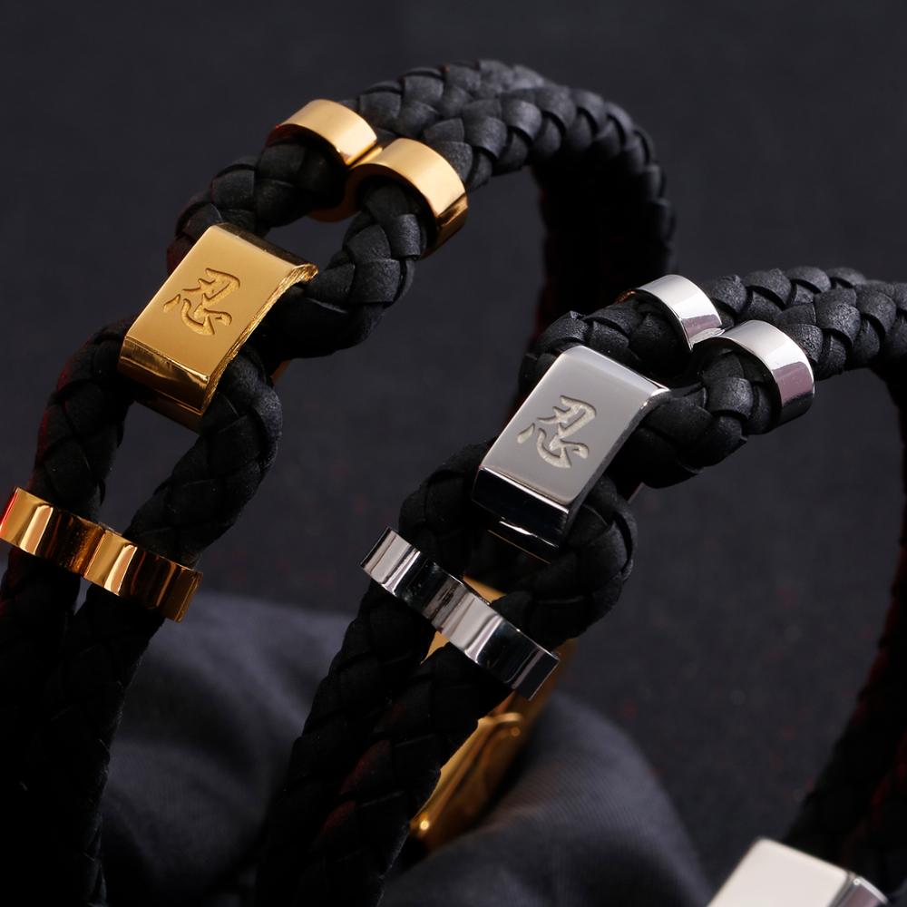 Double Cowhide Rope Braided Titanium Steel Cross Bracelet