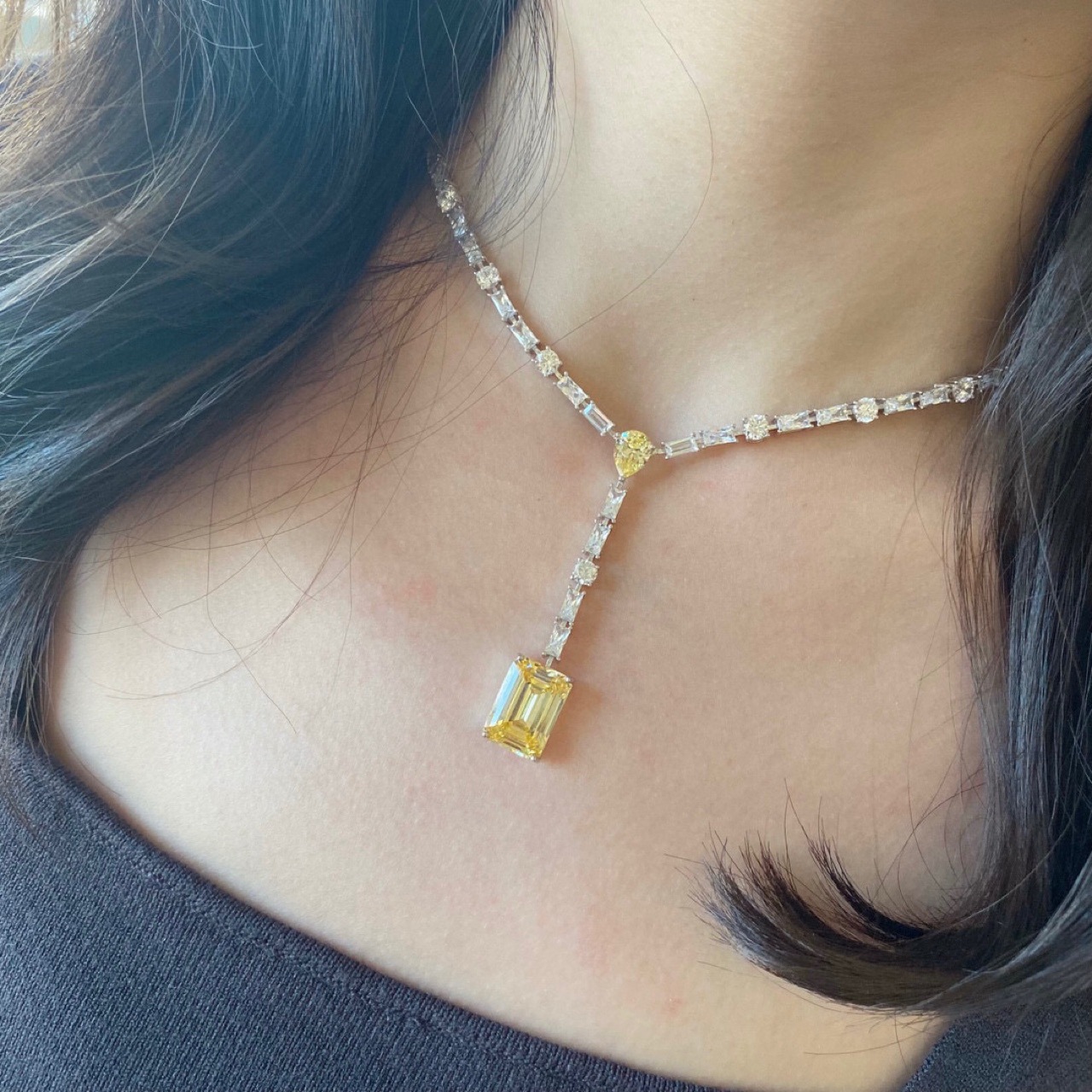 925 Sterling Silver Water Drop Square Diamond Pendant Yellow Diamond Tassel Colored Gemstone Necklace