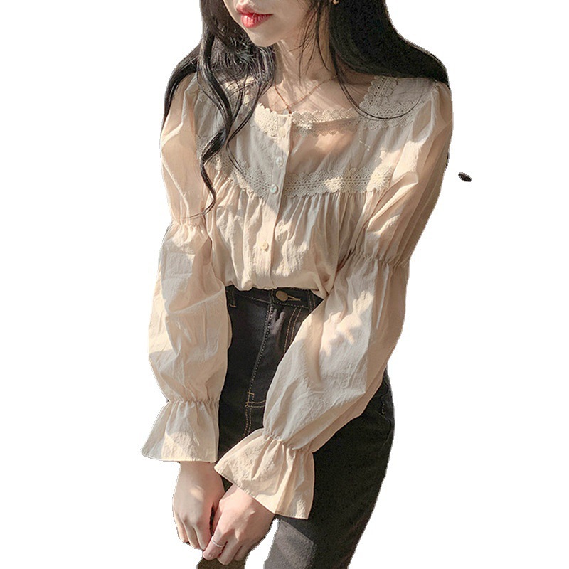 Retro Niche Light Familiar Style Square Collar Lace Long-sleeved Shirt