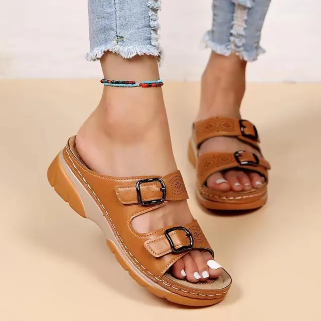 Double Buckle Slippers Women Flat Sandals Summer Khaki - Shop at LoveMi