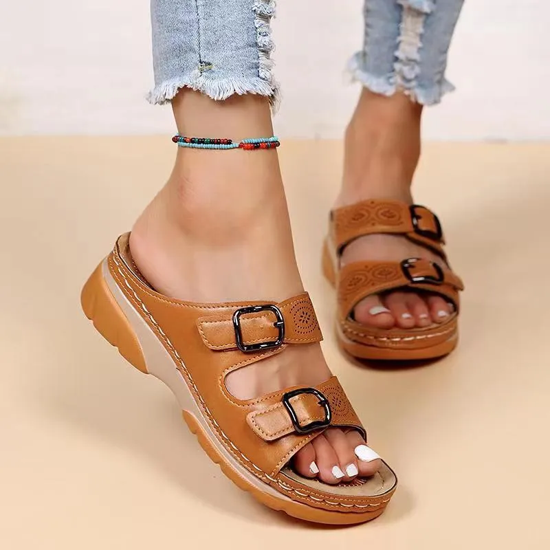 Double Buckle Slippers Women Flat Sandals Summer - Khaki