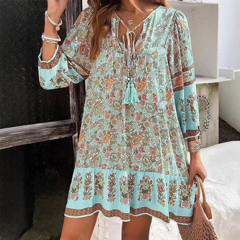 Women's Elegant V Neck Fringe Bow Floral Print Dress Long Sleeve Comfortable Spring&Summer Dress Sky Blue - Shop at LoveMi