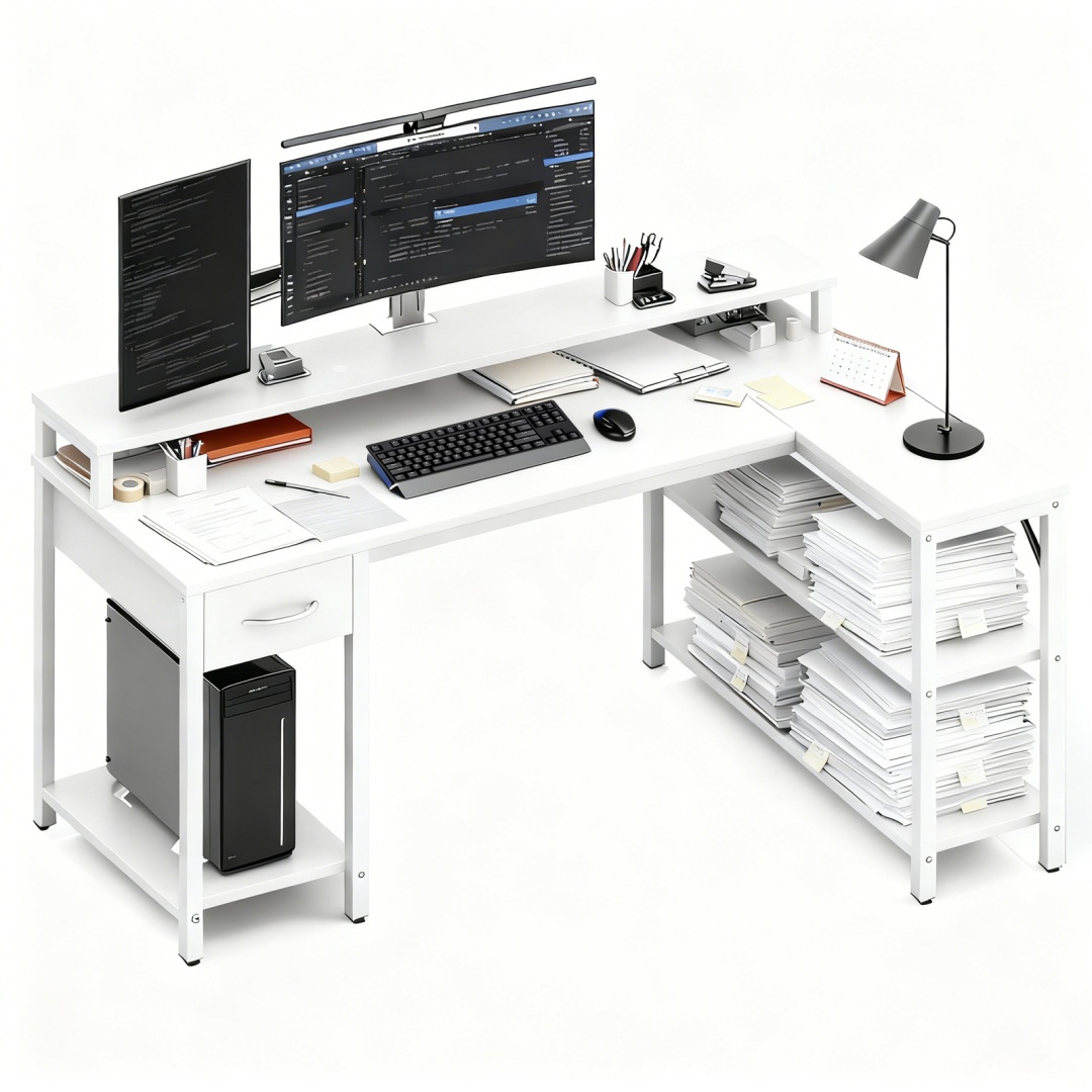53-inch Gaming Table With USB Charging Port And LED Light, Reversible L-shaped Table With Power Socket And Monitor Stand image 26