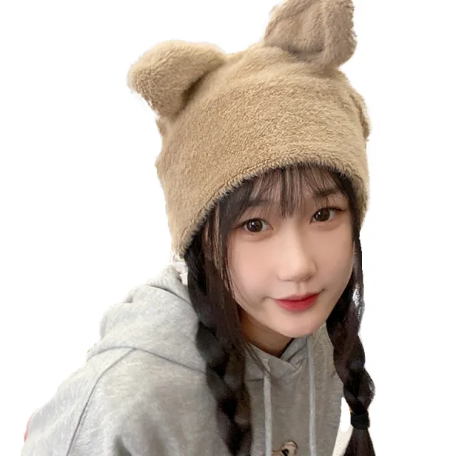 Net Red Ruffian Young Winter Plush Fleece Warm Hat Khaki - Shop at LoveMi
