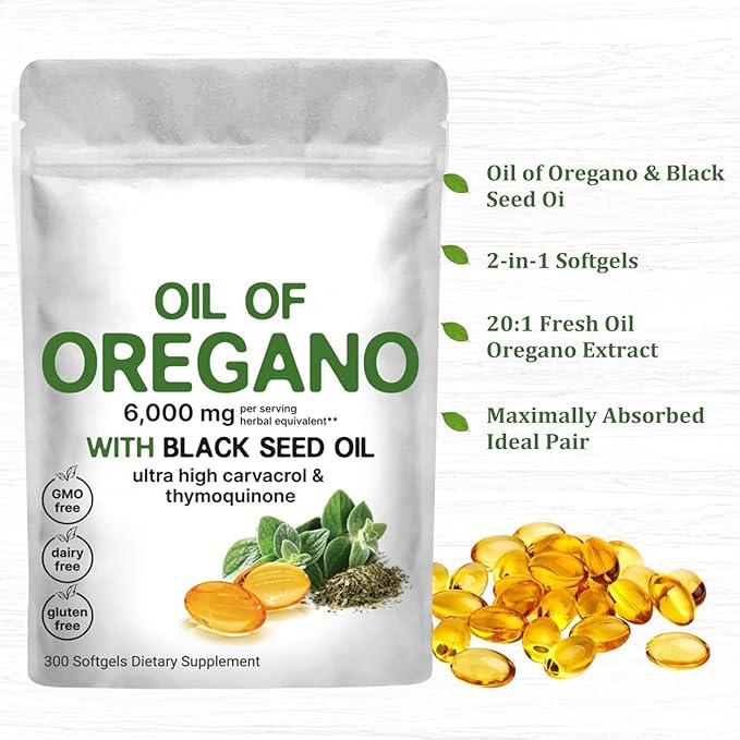 Oregano Black Seed Oil Softgels, 300 Capsules. 2 in 1 Oil of Oregano Softgels Each serving of oil of oregano capsules contains 6,000mg oil of oregano with 200mg black seed oil. Oil of oregano with black seed oil are combined into one and work together Pre