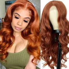 Women's Orange Medium Wavy Curly Synthetic Fibre Wig Head Cover - Orange - View 1