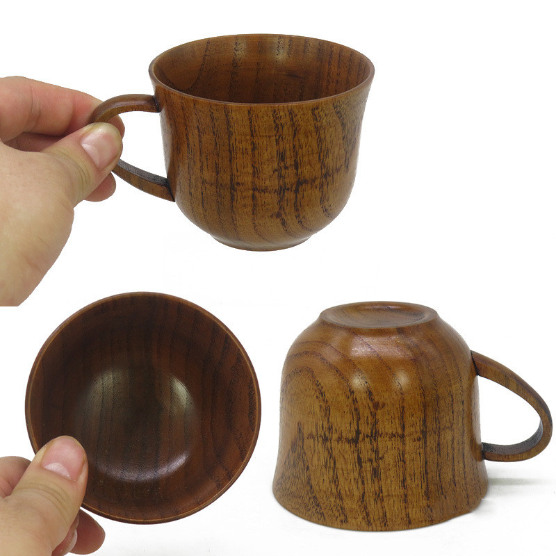 Handmade Solid Wood Wooden Water Cup  Coffee Beer Glass MilkTeacup Handle