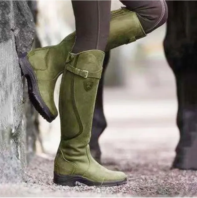 Classic Fashion Riding Western Boots Winter Knee Buckle Boots High Block Heel Round Toe Shoes For Women Green - Shop at LoveMi