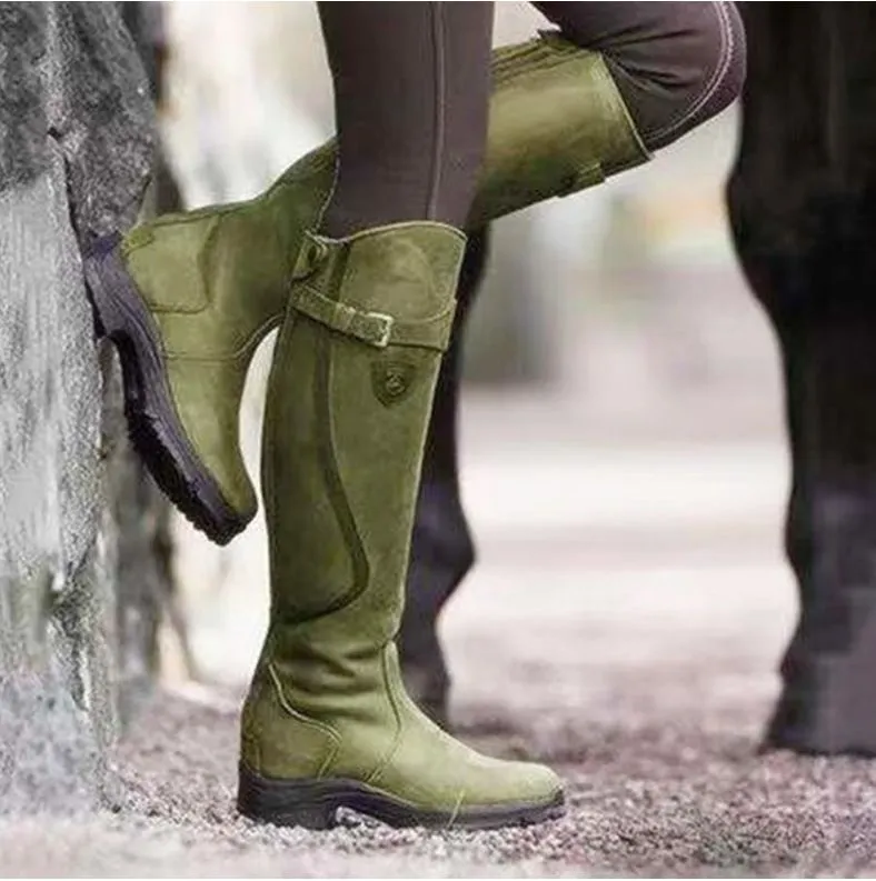 Classic Fashion Riding Western Boots Winter Knee Buckle Boots High Block Heel Round Toe Shoes For Women - Green