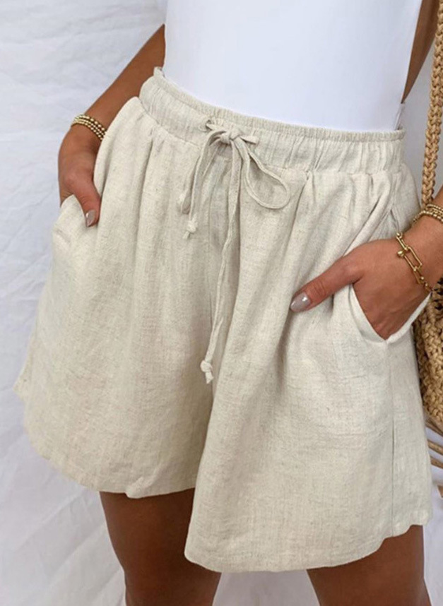 Cotton And Linen Solid Color Loose Casual Pocket Elastic Waist Lace Up Shorts White - Shop at LoveMi