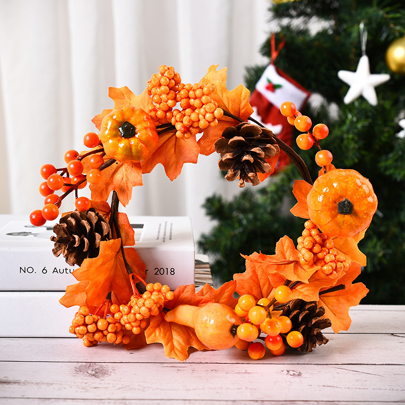 Halloween Autumn Maple Leaf Wreath Pumpkin Berry Door Hanging — Pinecone Pumpkin — image 1 of 5