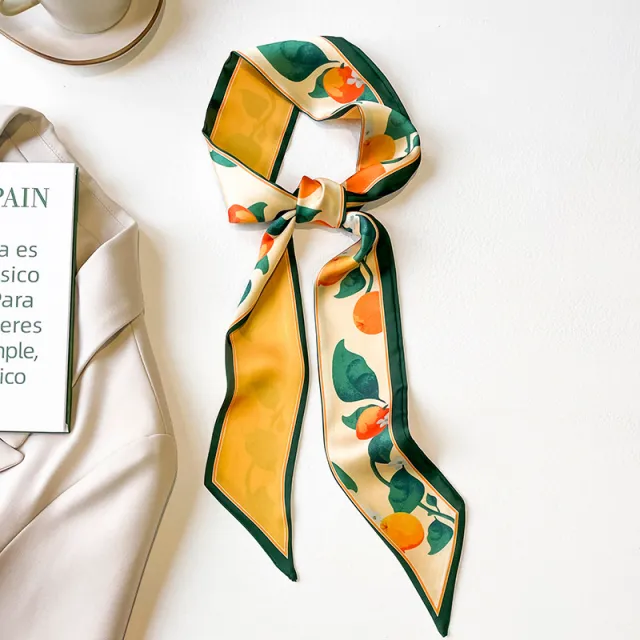Fruit Pattern Thin Narrow Long Strip Of Silk Scarf Women Green - Shop at LoveMi