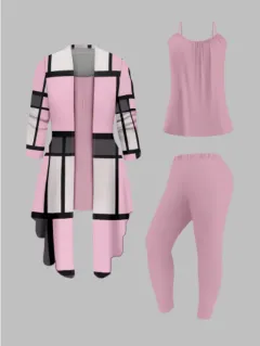 Women's 3 Suits, Printed Cardigan Jacket With Solid Colour Casual Pants Vest Everyday Suit - Pink - View 1