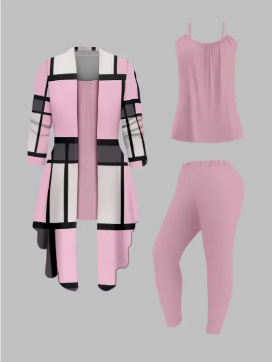 Women's 3 Suits, Printed Cardigan Jacket With Solid Color Casual Pants Vest Everyday Suit Pink - Shop at LoveMi