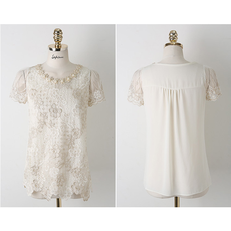 Bead Print Short-sleeved Mesh Chiffon Shirt