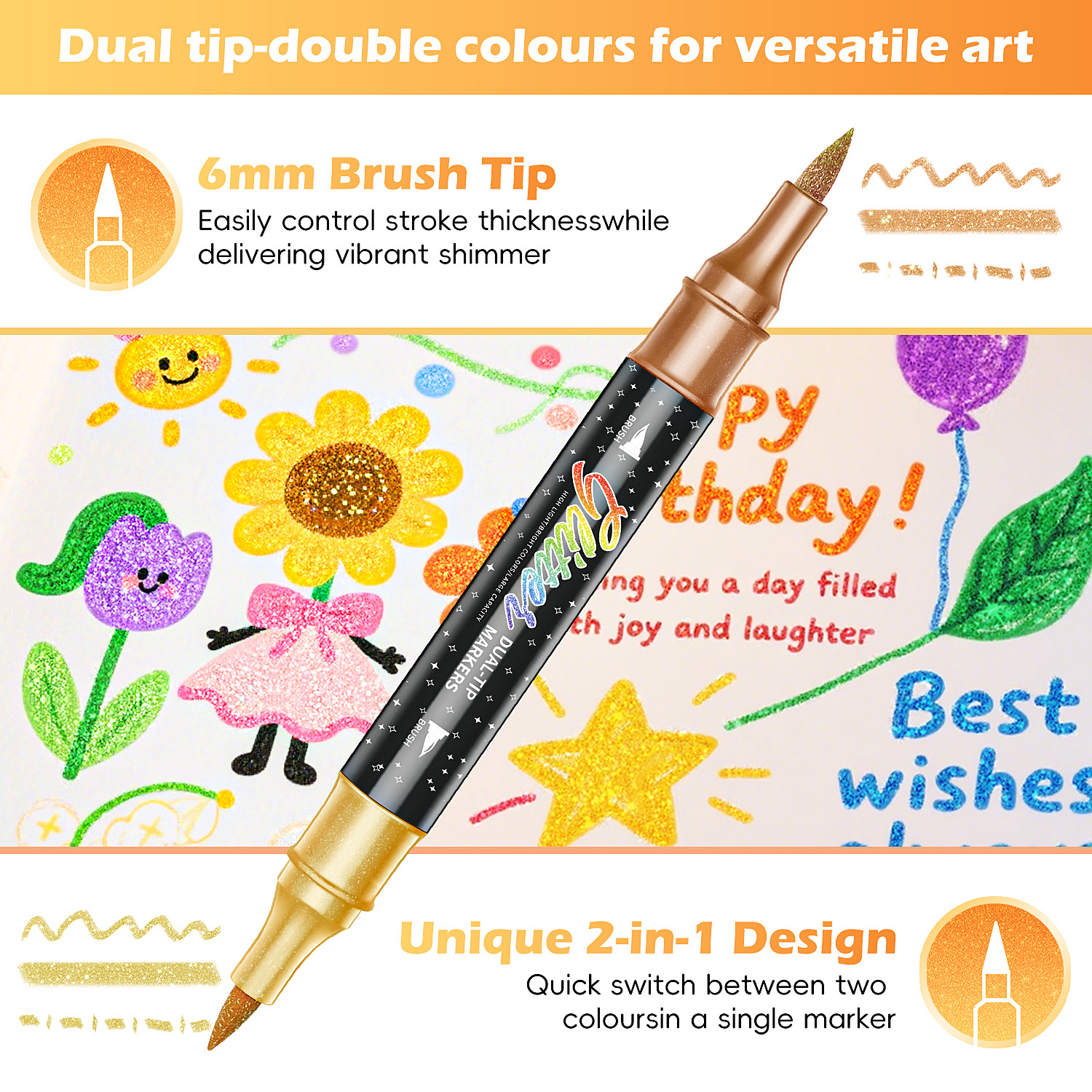 Double-headed Two-color Glitter Marker Pen Soft-headed Pearlescent Glitter Painting Pen Shiny Watercolor Pen