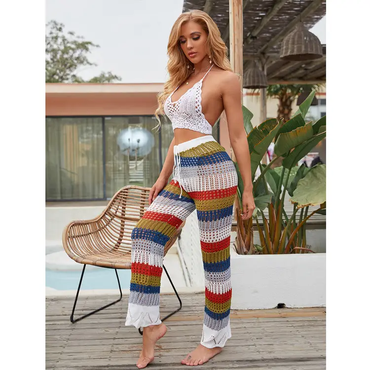Casual Color Sunscreen Cutout Elastic Knit Trousers