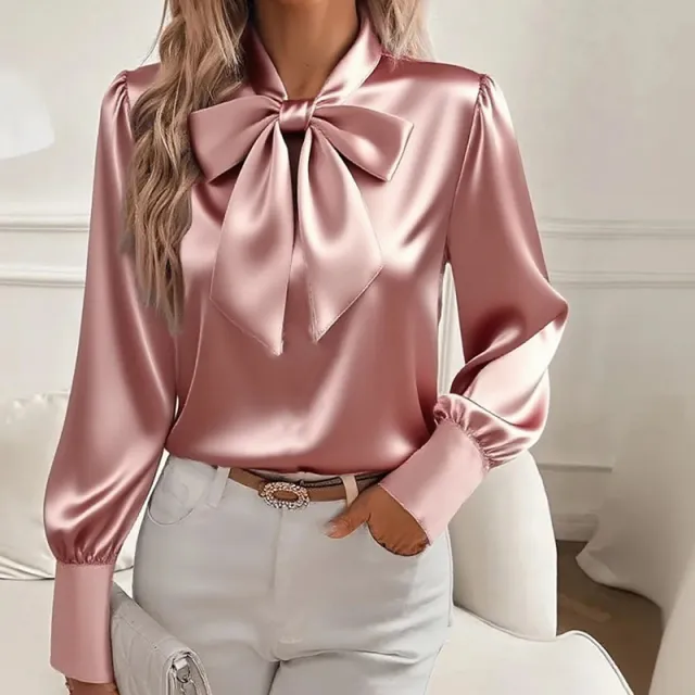 Women's Solid Color Satin Long Sleeve Casual Shirt With Bow Decor Blouse Spring Fall Daily Wear Top Pink - Shop at LoveMi