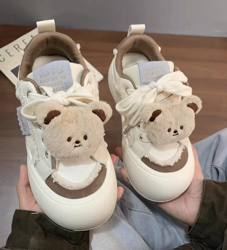 Women Kawaii Plush Bear Platform Sneakers Frayed