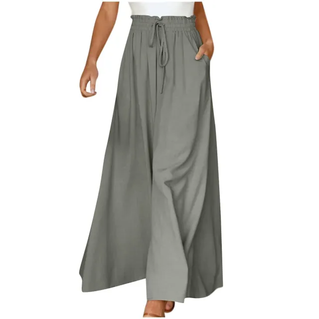 Women's Fashion Wide Leg Elastic Waistband Wide Leg High Waist Long Dress Pants Cyan - Shop at LoveMi