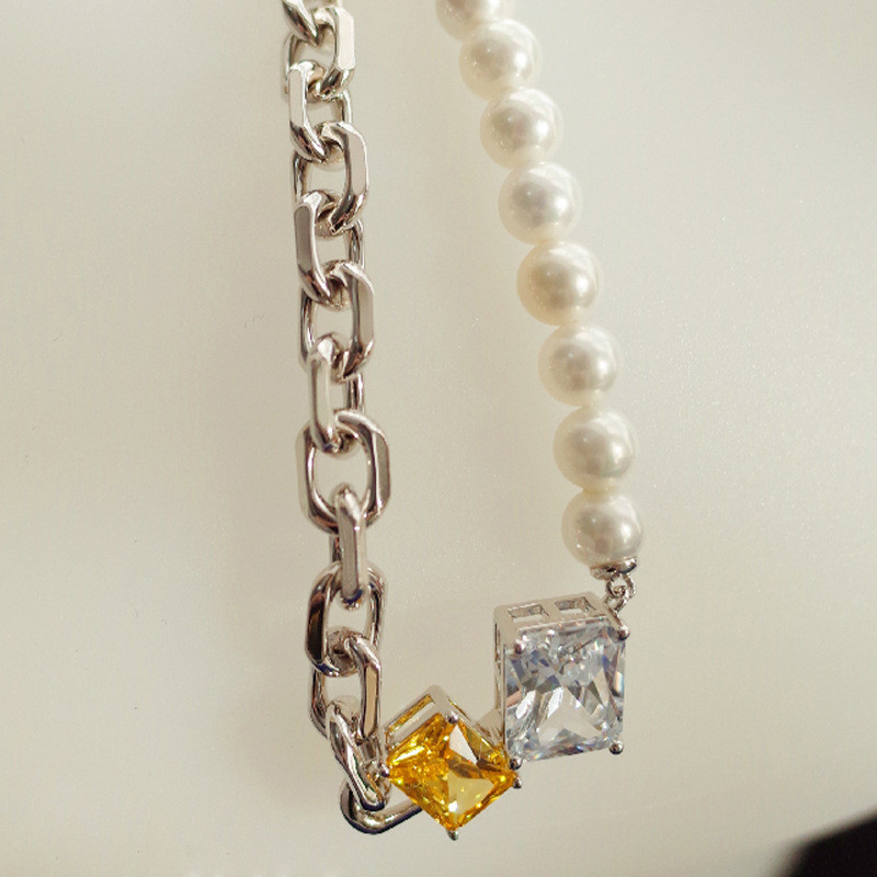 S925 Silver Exaggerated Candy Cube Sugar Necklace Female Retro Imitation Pearl