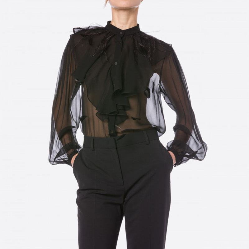 Title 8, Stand Collar Ruffle Puff Long Sleeve Sheer Chif...