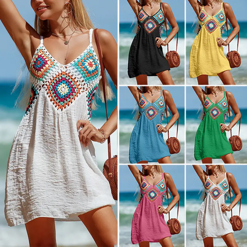 Summer Sleeveless Dress Bohemia Stitching Colorful Pattern V-neck Hollow