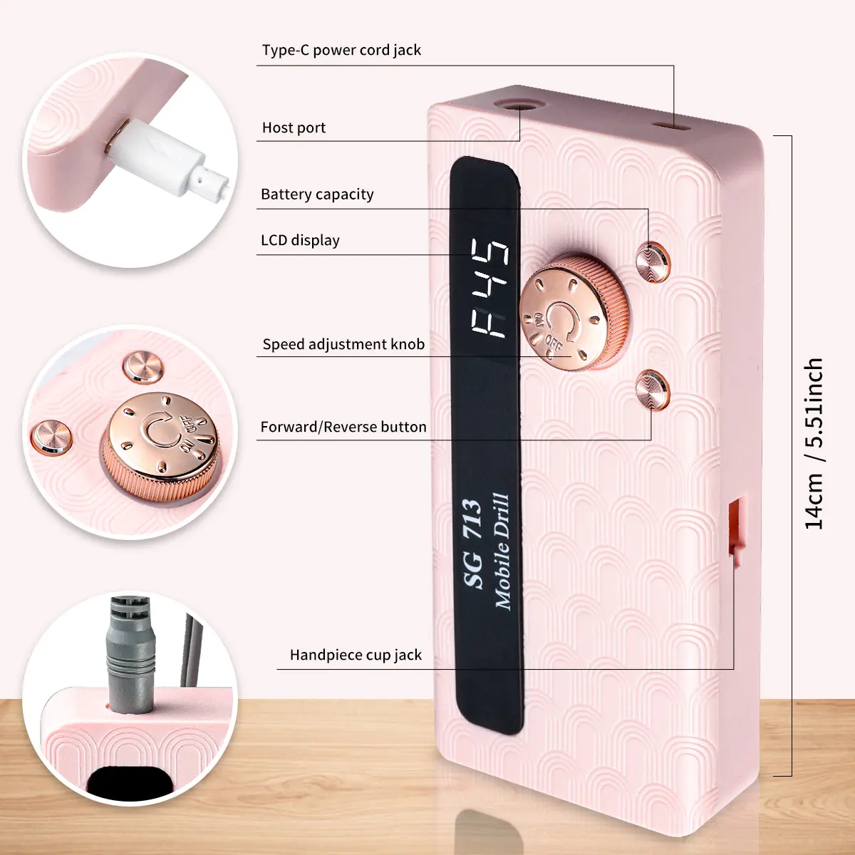 Electric Nail Drill - 45000RPM Portable Nail Drill-Rechargeable Nail E-File Kit With 6 Bits & Base-LED Screen-Ultra-Silent, Rechargeable Nail Drills Machine For