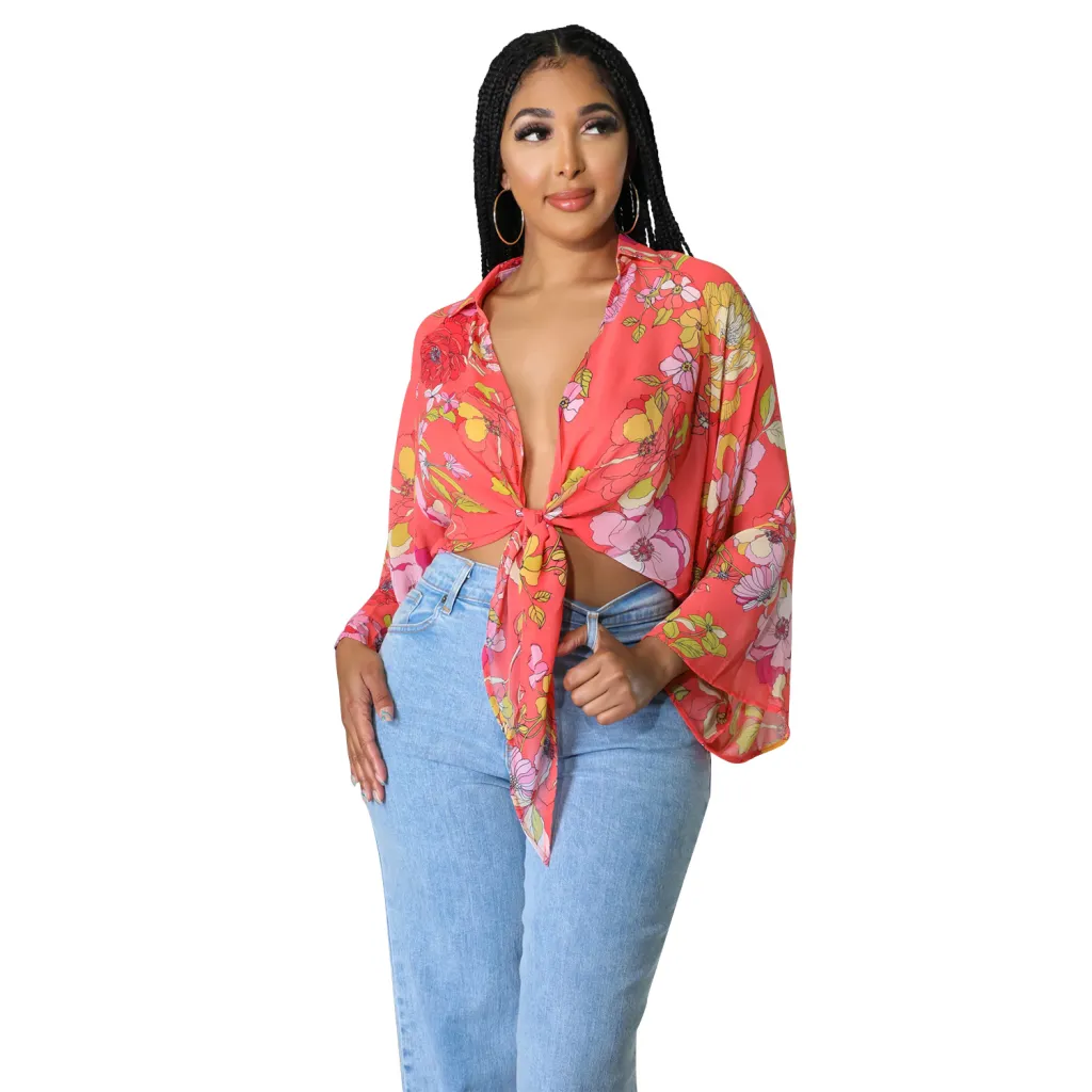 Women's Fashion Print Long Sleeve Flared Sleeve Crop Top - Red