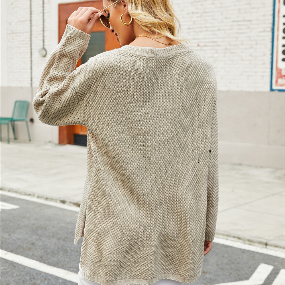 Pure Color Pullover Ladies Plus Size V-neck Street Fashion Sweater