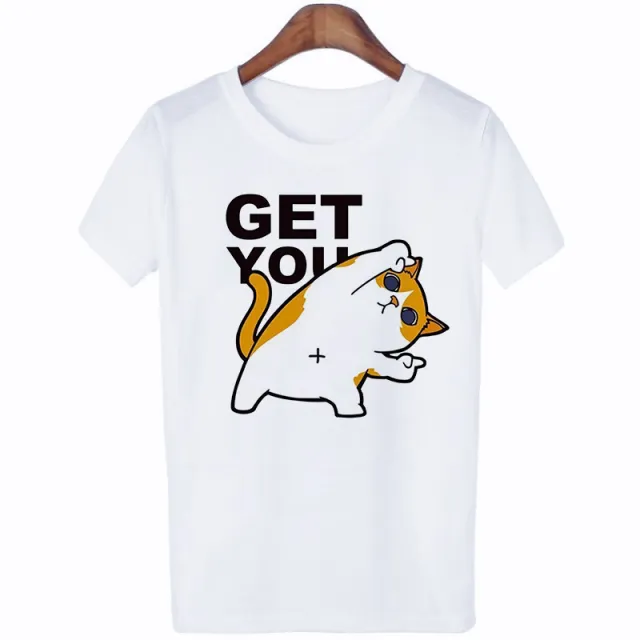 New Summer Cat Short sleeved Cute Cartoon Print Ladies Round Neck White Top T shirt Short sleeved 6 Style - Shop at LoveMi