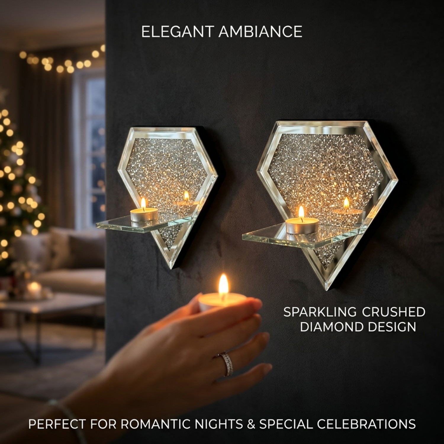 Lumânare de perete cu oglindă în formă de diamant, Raft de montare pe perete din sticlă încrustată cu diamant zdrobit, Suport decorativ pentru lumânări de