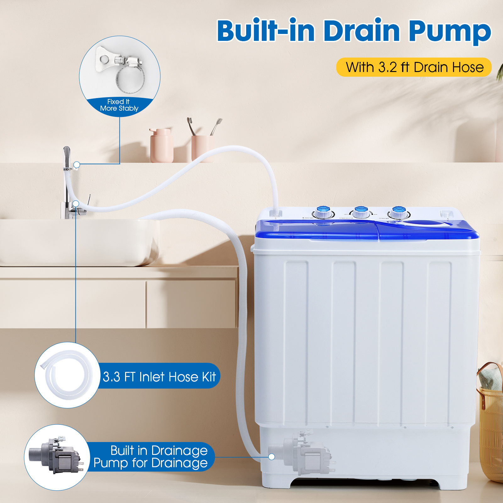 28lbs Portable Washing Machine With 18lbs Wash And 10lbs Spin, Twin Tub Washer Compact Machine With Drain Pump, Mini Portable Washer For Home, Camping, RVs, And Small Spaces, Blue