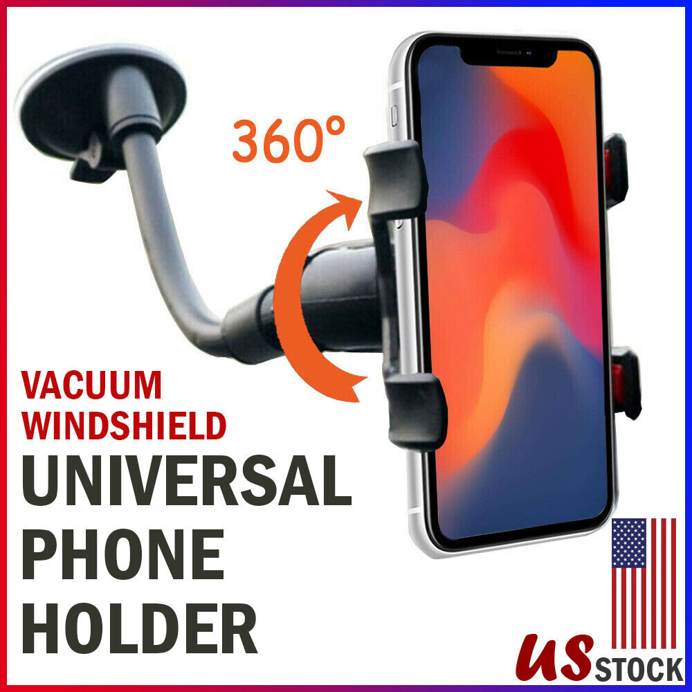 Adjustable car phone holder with 360° rotation and strong suction for windshield. Fits devices up to 3.54 inches wide. Durable arm with 360° rotation. No glue suction cup design. Made for car windshields only.