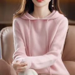 Hooded Cashmere Sweater Women's Pullover Loose Short Hooded Sweater - Pink - View 1