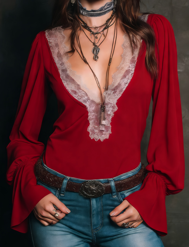 Lace V-neck Bell Sleeve Slim-fit Long-sleeved Top - Red-L