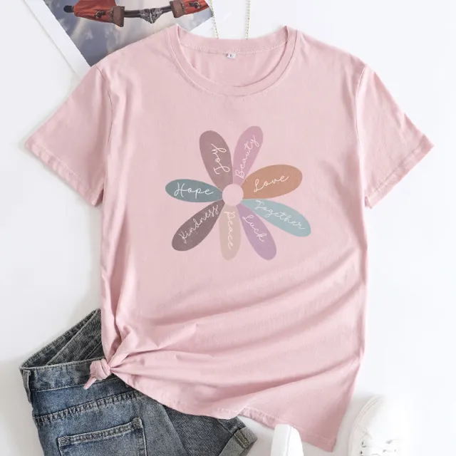 Flower Letter Fashion Round Neck Short Sleeve Pink - Shop at LoveMi