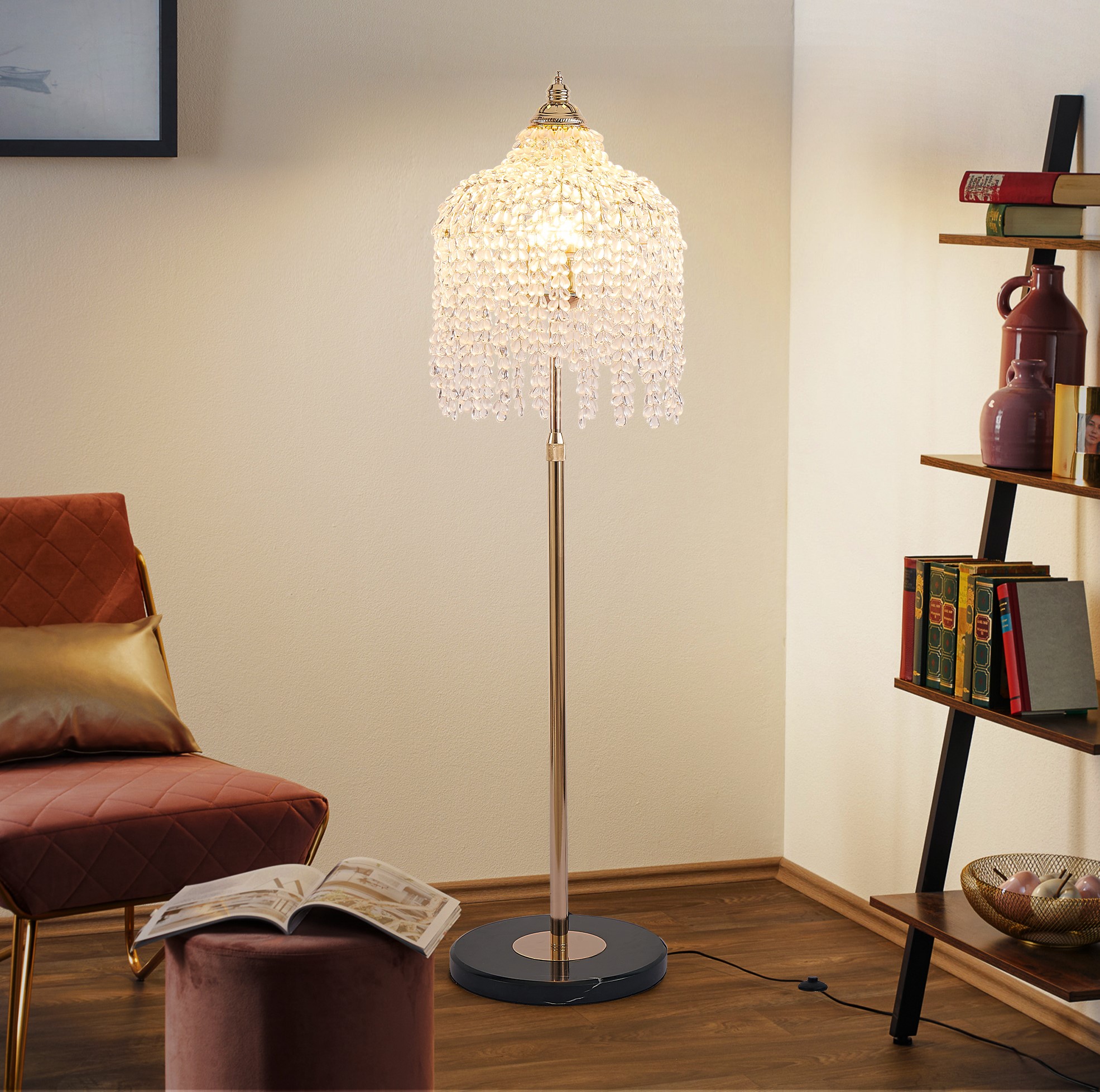 3 Light Elegant Crystal Floor Lamp Vintage Waterfall Design With Grape-Shaped Crystal Bead Strings And Marble Texture Base For Living Room, Bedroom, Or Office Bulb Not Included