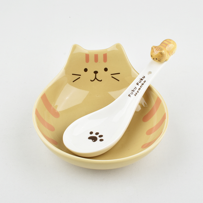 Yellow cat bowl and spoon