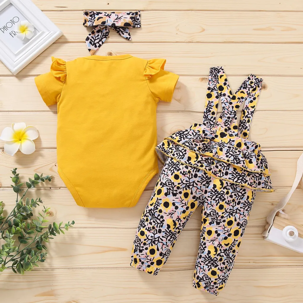 Newborn Toddler Baby Girls Clothes Set Short Sleeve Pullover Bow - Yellow