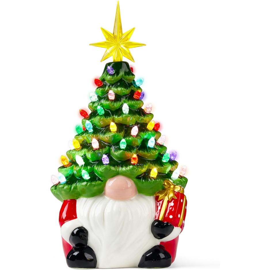 12 Gnome Ceramic Tree, Light Up Tabletop Xmas Decor With 60 LED Lights, Ceramic Tree With Christmas Themed Design, Xmas Holiday Indoor Office Table Fireplace Decoration 5