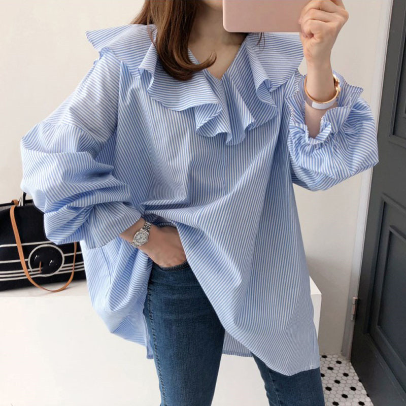 Title 3, Loose And Thin V-neck Shirt With Ruffled Pullover