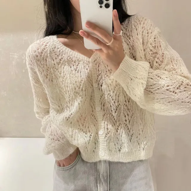 Summer V neck Mohair Knitted Cardigan For Women White - Shop at LoveMi