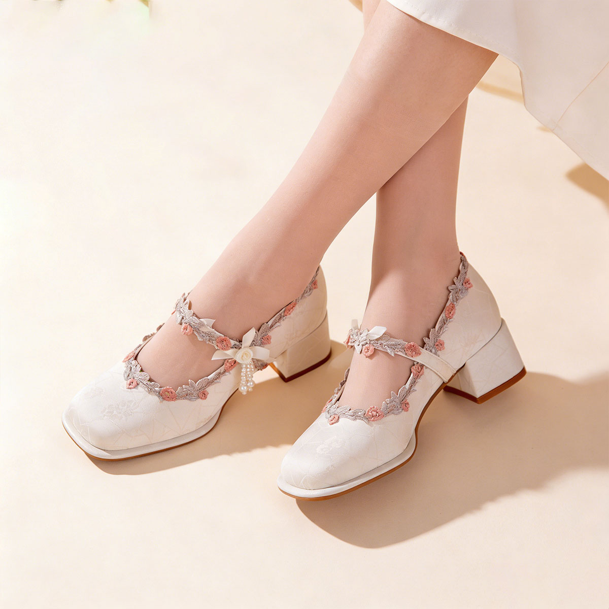 Satin Mary Jane Shoes With Embroidered Lace And Pearls 21 0829d5cd a29b 40c8 9c59 feb0238c5196