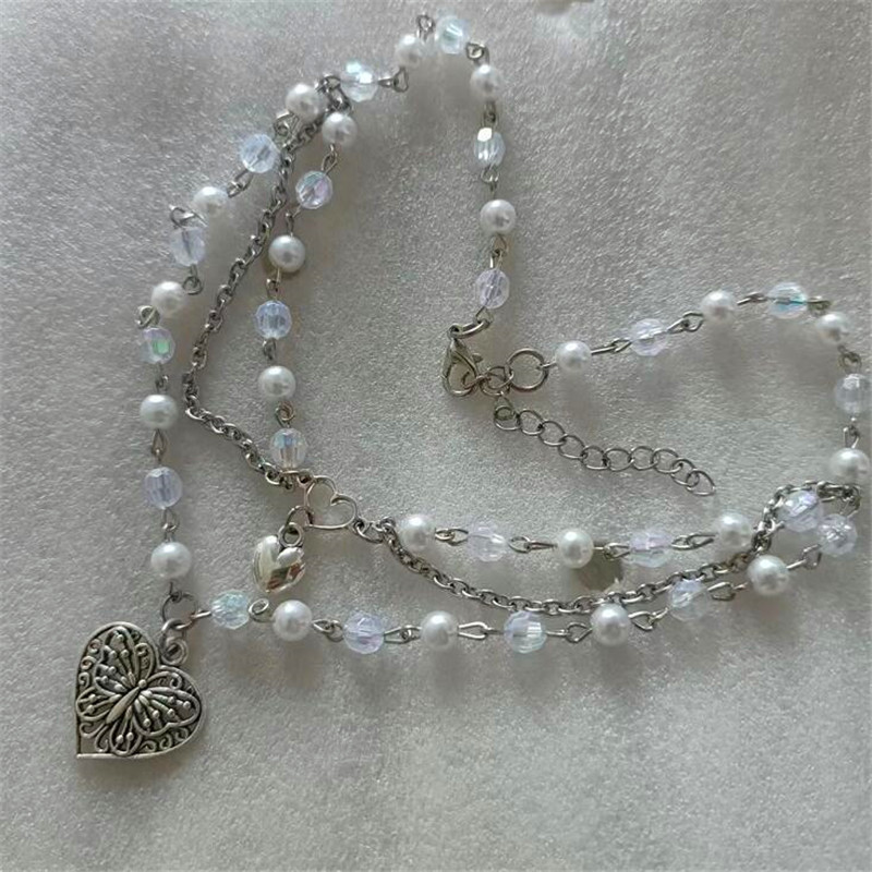 Multilayer Butterfly Love Necklace Female Pearl Peach Heart