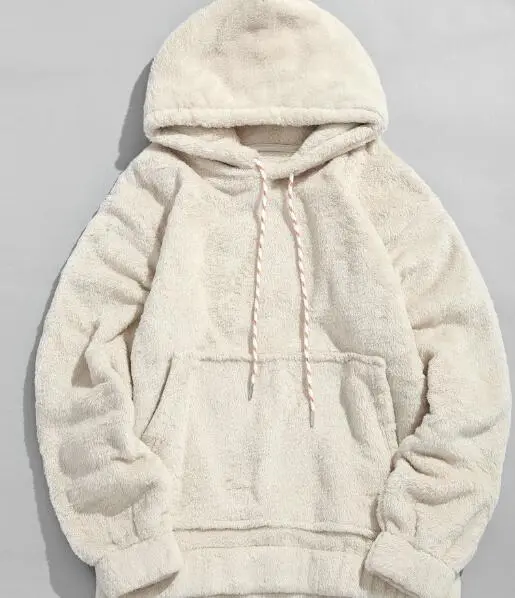 Lamb Wool Hooded Pullover Kangaroo Cloth Pocket Long Sleeve Top Apricot - Shop at LoveMi