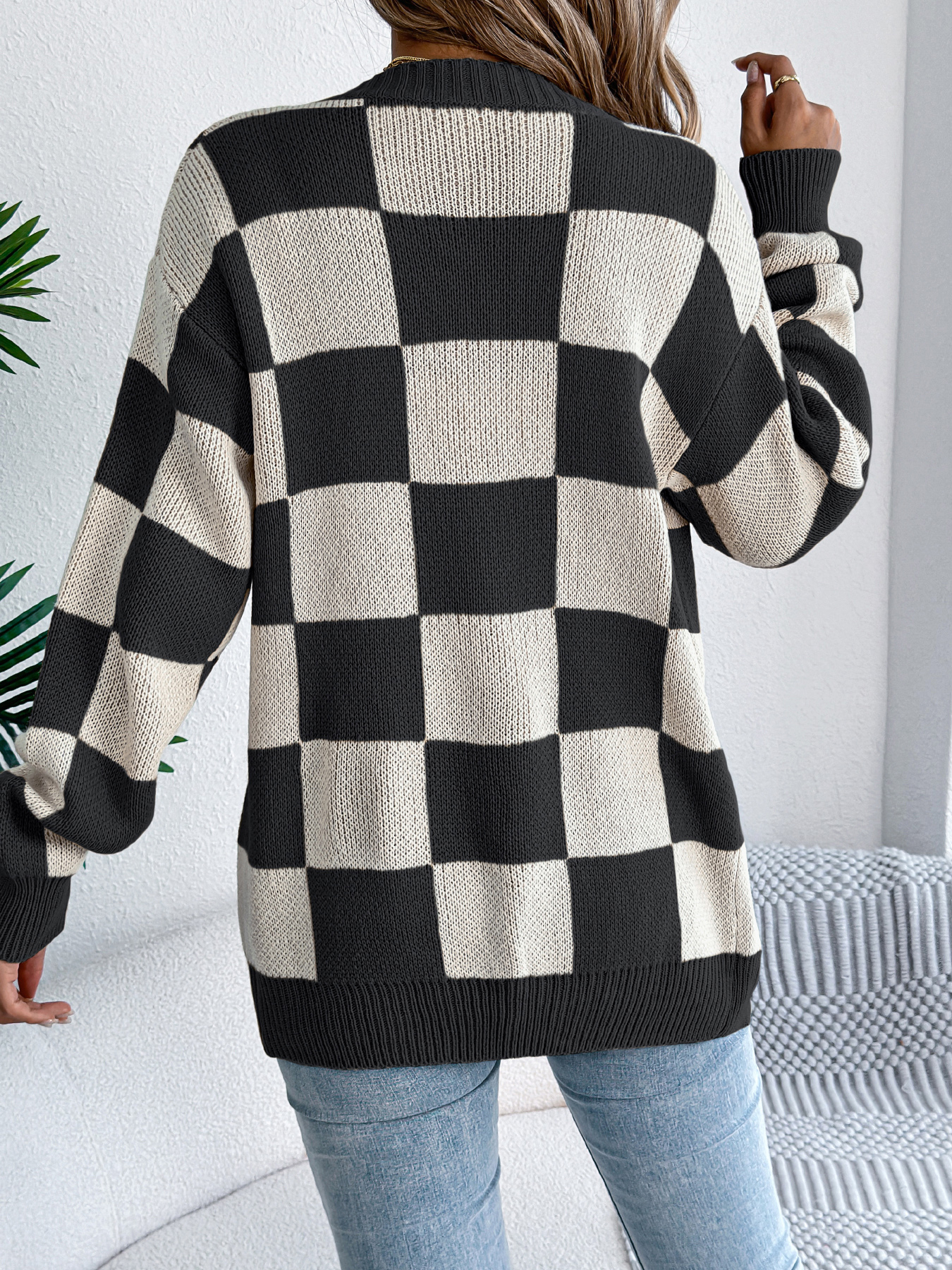 Color Block Plaid Lantern Sleeve Cardigan Sweater Mid-Length Coat - Image 5