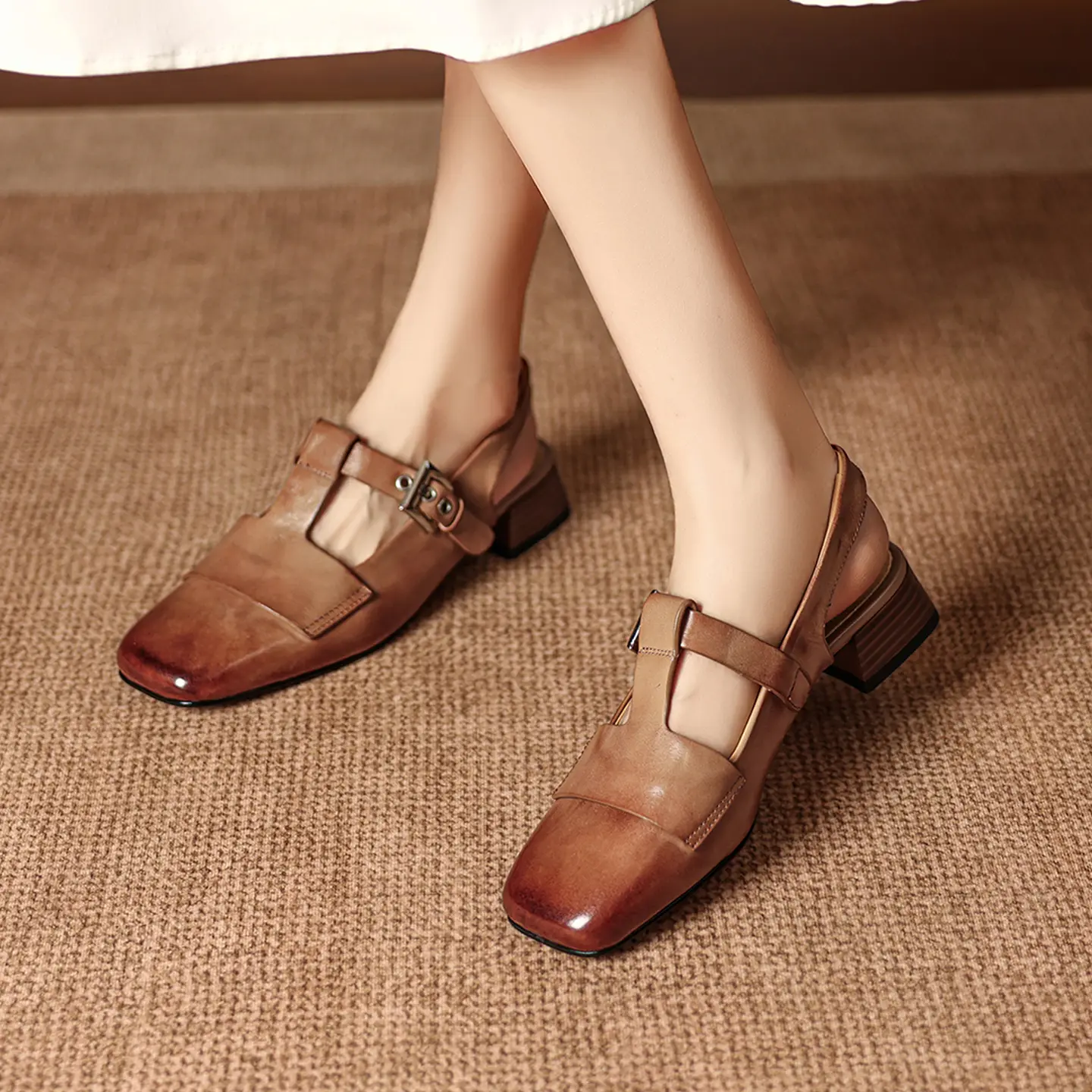 Women's Handmade Full-Grain Leather T-Strap Slingback Mary Jane Sandals, Square-Toe Block Heel Shoes