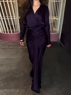 Plum Satin Maxi Dress With Wrap Front And Ruched Detail - Plum - View 1