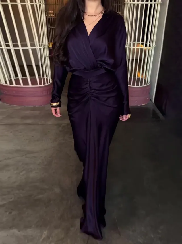 Plum Satin Maxi Dress With Wrap Front And Ruched Detail Plum - Shop at LoveMi